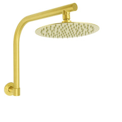 WELS Brushed Gold 8" Round Shower Head Brass 360 Degree Swivel Gooseneck Wall Arm Set