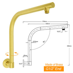 WELS Brushed Gold 8" Round Shower Head Brass 360º Swivel Gooseneck Wall Arm Set