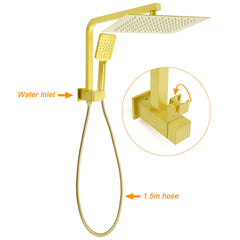 Brushed Gold Twin Shower 12" Rainfall Head Handheld Diverter Wall Arm Set Square