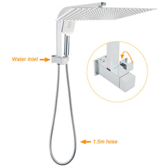 WELS Square Chrome 16" Large Shower Head 3 Mode Handheld Diverter Wall Arm 2in1 Set + Mixer