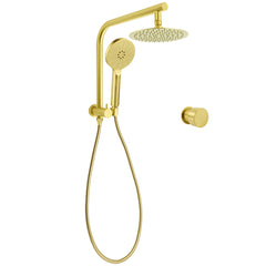 WELS Brushed Gold Round Twin Shower Head Set Stainless Steel Handheld Gooseneck Arm Wall Mixer