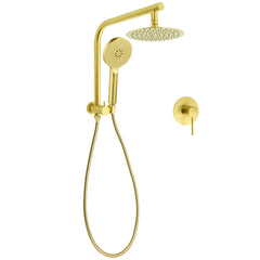 WELS Brushed Gold Round 2in1 8" Shower Head Set Diverter Wall Arm Stainless Steel Handheld + Mixer