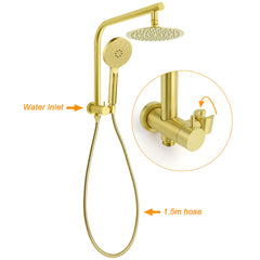 Brushed Gold Round 2in1 8" Shower Head Set Diverter Wall Arm Stainless Steel Handheld Small Face Mixer