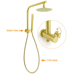 WELS Brushed Gold Round Twin Shower Head Set Diverter Wall Arm Stainless Steel Handheld Rose
