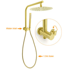 Brushed Gold Round Large 12" Rain Shower Head Stainless Steel Spray Handheld Wall Small Face Mixer Set