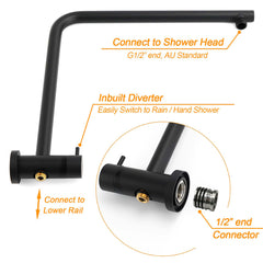 WELS Matt Black 10" Shower Rain Head Handheld Silde Wall Arm Rail Dual Set Twin Taps
