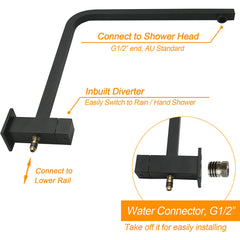 Dual Shower Square Large 12" Rainfall Head 3 Modes Handheld Wall Rail Twin Taps Matt Black