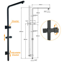 Dual Shower Square Large 12" Rainfall Head 3 Modes Handheld Wall Rail Mixer Matt Black