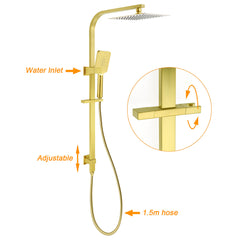 Brushed Gold 2in1 Set 8" Square Rain Shower Head 3 Modes Handheld Silde Rail Arm Twin Taps