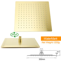 WELS Brushed Gold Square Shower 12" Large Rain Head Handheld Silde Rail Arm 2in1 Set