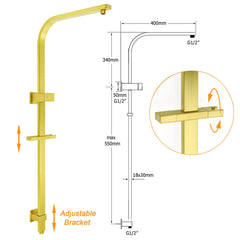 WELS Brushed Gold Square Shower 12" Large Rain Head Handheld Silde Rail Arm 2in1 Set