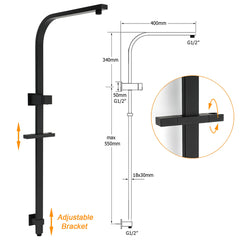 Matt Black Square Twin Shower Set 8" Rain Head 3 Modes Handheld Silde Rail Arm + Taps