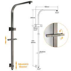 WELS Gun Metal Double Square Shower Head Set 10" Rain Handheld Sliding Rail Diverter Wall Mixer