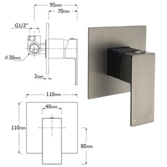 WELS Gun Metal Double Square Shower Head Set 10" Rain Handheld Sliding Rail Diverter Wall Mixer