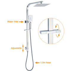 Chrome Twin Square Shower Set 8" Rain Shower Head 3 Function Handheld Rail Arm Mixer