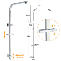 WELS 2 in 1 Square Shower Head Set 10" Rain Handheld Sliding Rail Arm Wall Double Taps
