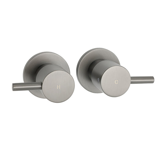 Gun Metal Grey Brass 1/4 Turn Round Hot Cold Tap Wall Set For Shower Vanity Spout