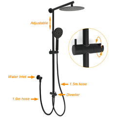 Matt Black Round Dual Shower Set 10" Rain Head 3 Mode Handheld Sliding Rail Arm Twin Taps