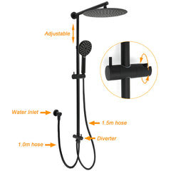 WELS Matt Black Dual 12" Round Shower Head Set Handheld Rail Wall Arm Elbow Inlet Twin Taps