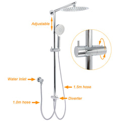 WELS Chrome 10" Round Rain Handheld Twin Shower Head Arm Sliding Rail Arm Diverter Set