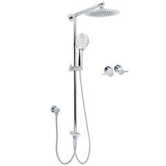 WELS Chrome Round 9" Rainfall Dual Shower Head & Handheld Sliding Rail Wall Arm Twin Taps