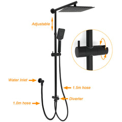 WELS Matt Black 2in1 Square 10" Rain Shower Head 3 Mode Handheld Adjustable Rail Set