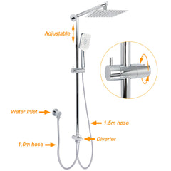 Chrome Square 8" Rain Shower Head 3 Mode Handheld Sliding Rail Arm 2 IN 1 Set Diverter
