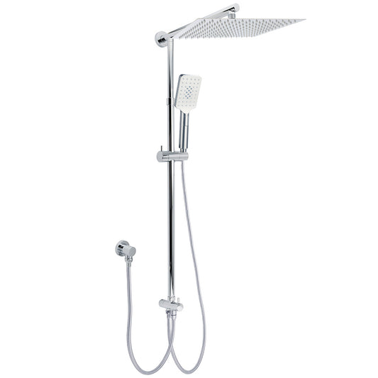 WELS Dual Square Shower Head 12" Rain Rose + 3 Modes Handheld Diverter Rail Arm Set