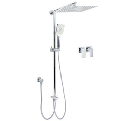 Double Square Shower Head 12" Rain Rose + 3 Modes Handheld Diverter Rail Arm Taps Set