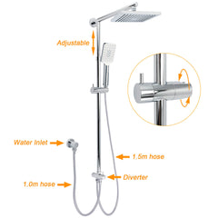 WELS Square Chrome Shower 8" Rainfall Head 3 Mode Handheld Sliding Rail Wall Arm Set