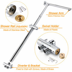 WELS Square Plastic Shower 8" Rainfall Head 3 Mode Handheld Sliding Rail Wall Arm + Twin Taps