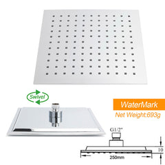 WELS Twin Square 10" Rain Shower Head 3 Mode Handheld Diverter Wall Arm Taps Valve