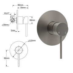 Watermark Gun Metal Grey Round Bathroom Shower Hot Cold Mixer Ceramic Cartridge