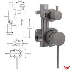 Small Face Gun Metal Gray Round Shower Mixer 2 Way Switch Diverter For Combo Set