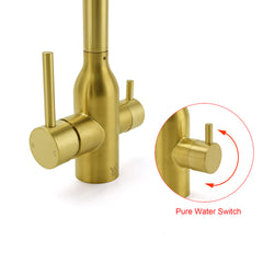 WELS Brushed Gold 3 Ways Kitchen Mixer Tap Swivel Spout Pure Water Sink Faucet Set