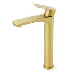 WELS Brushed Gold Round Tall Basin Mixer Bathroom Vanity Faucet Tap Lever Handle