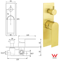 Brushed Gold Bathroom Square Concealed Shower Mixer Diverter Switch Wall Mounnt