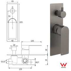 Gun Metal Grey Square Wall Mounted Shower Mixer Diverter 2 Ways Switch Valve Set
