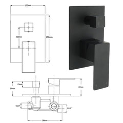 Matt Black Square Stainless Steel Shower Mixer 2 Way Bath Set Diverter Watermark