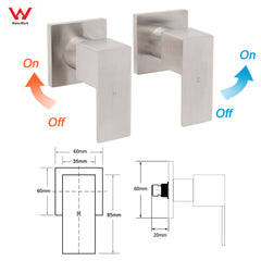 Brushed Nickel Square 1/4 Turn Wall Mounted Twin Taps For Shower Bath Spout Set