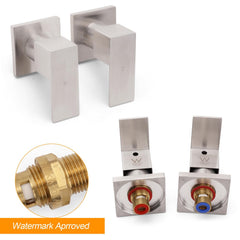 Brushed Nickel Square 1/4 Turn Wall Mounted Twin Taps For Shower Bath Spout Set