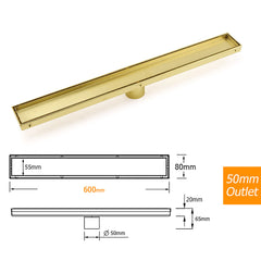Brushed Gold 600mm Tile Insert Linear Shower Grate Floor Drain 50mm Outlet Waste
