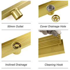 Brushed Gold Bathroom 800mm Strip Fence Long Shower Grate Floor Drain 50mm Waste