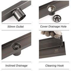 Watermark Gun Metal 800mm Strip Fence Linear Shower Grate Floor Drain 50mm Waste