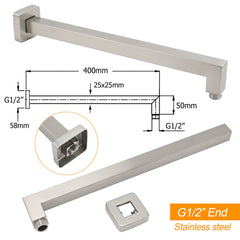 Brushed Nickel 8" Square Rainfall Shower Head + 400mm Straight Wall Mount Arm