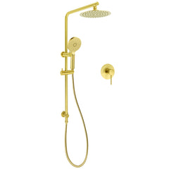 Brushed Gold Twin Shower Set 8" Round Head 3 Modes Handheld Sliding Rail Arm + Mixer