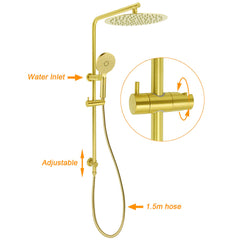 Brushed Gold Twin Shower Large Round 12" Rain Head Handheld Silde Wall Rail Arm