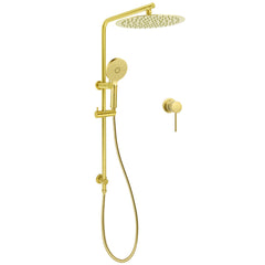 Brushed Gold Twin Shower Large Round 12" Rain Head Handheld Silde Wall Rail Arm Small Face Mixer
