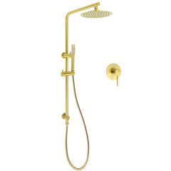 Brushed Gold Twin Shower Set 8" Round Head Single Mode Handheld Sliding Rail Arm + Wall Mixer