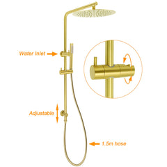 WELS Brushed Gold Large Top Shower Round 12" Rain Head Handheld Silde Wall Rail Arm Twin Taps